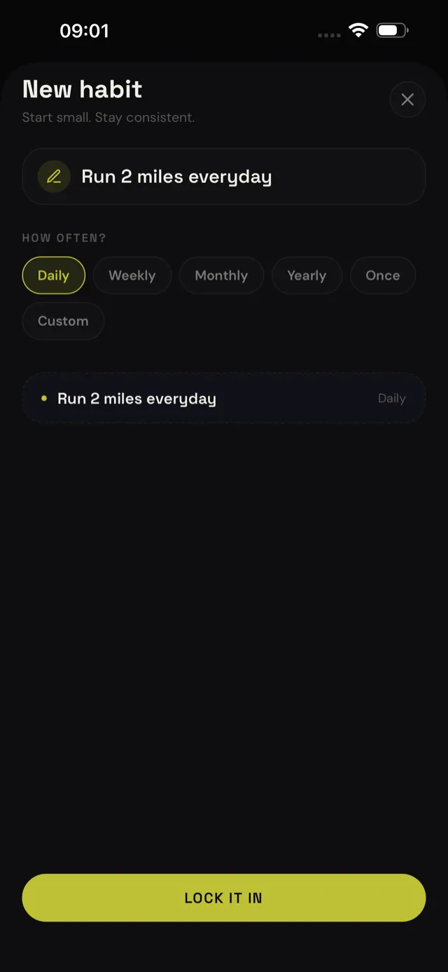 LockIn new habit screen for setting a daily goal