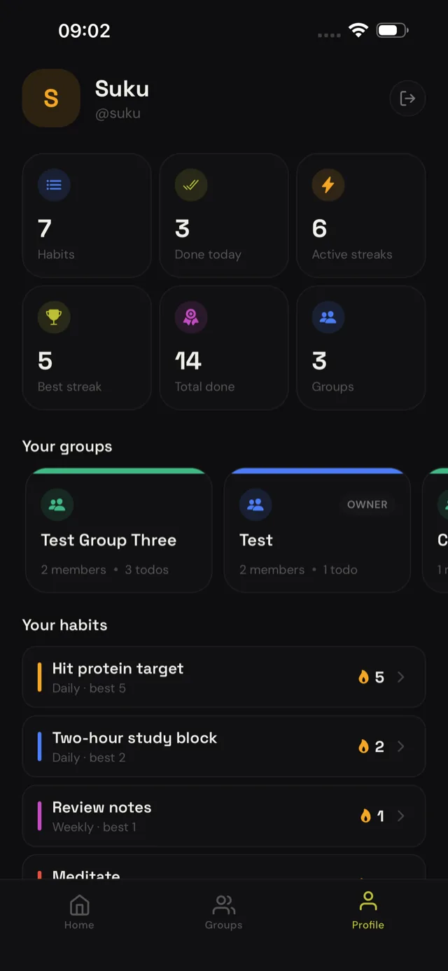 LockIn profile showing habits, streaks, and groups